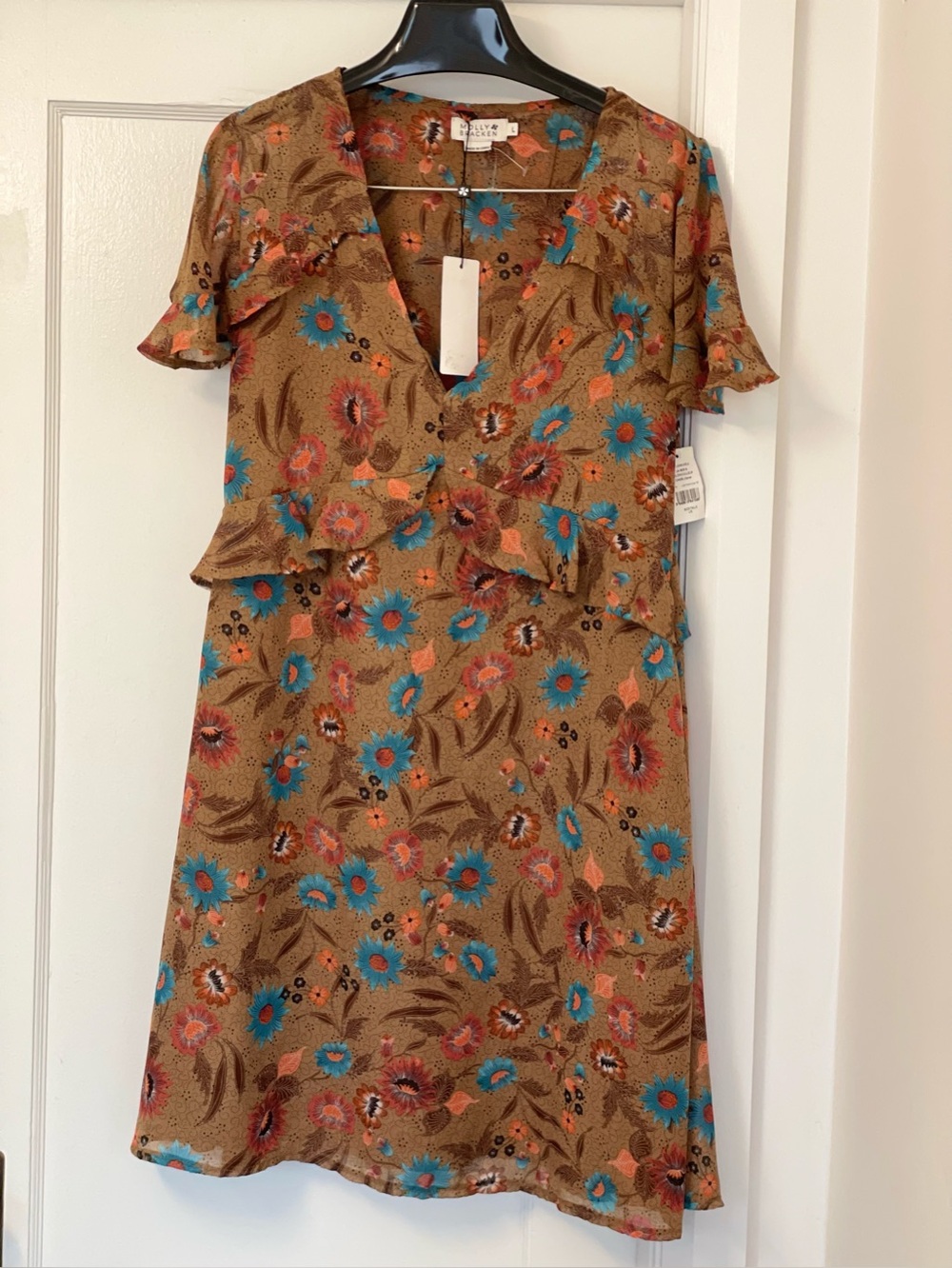 NWT Molly Bracken Brown Floral Midi Dress with Teal and Coral Accents